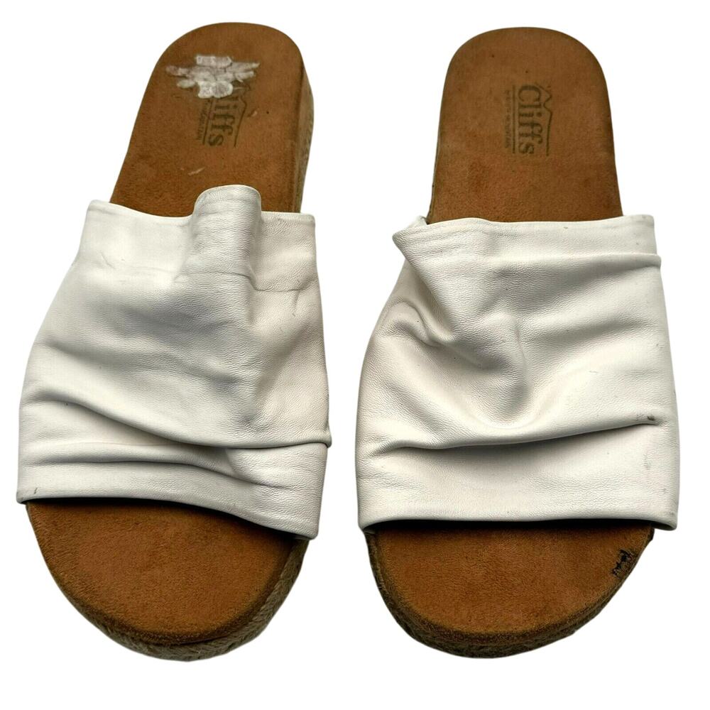CLIFFS‎ Womens Sz 9.5 M Leather Band Slip On Sandal Woven Platform Slide White